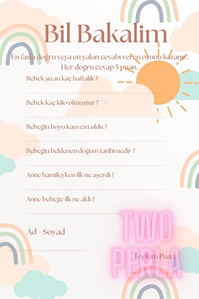 TWO PERLA Gökkuşağı Temalı Baby Shower Oyun Kartları 32 Adet 8 Kişilik