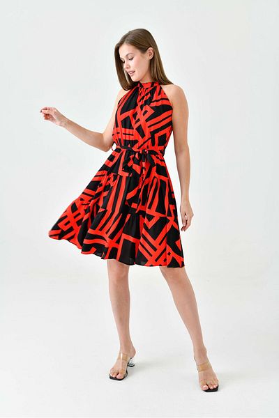 vuvutasarım Red Striped - Rubber Waist Belted Crew Neck Flared Cut Summer Dress 2041