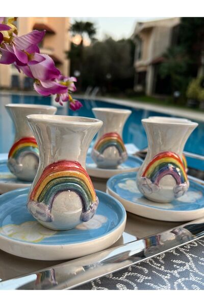 MAMALİZA El Yapımı Seramik 6 Lı Çay Bardağı Seti. Gökkuşaklı Çay Fincanları.