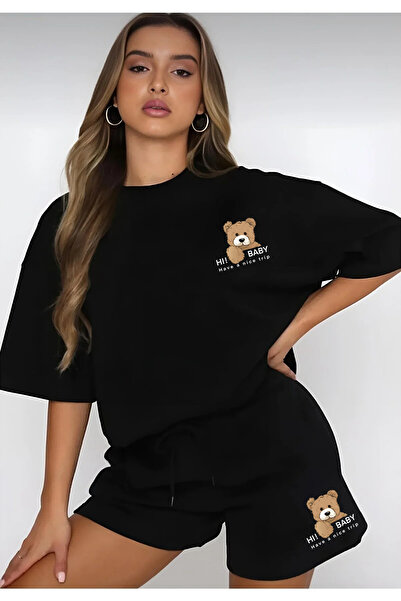 Boi Set tricou și pantaloni scurți supradimensionați cu imprimeu ursuleț - Se...