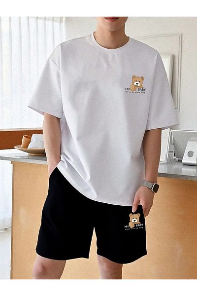 Boi Teddy Bear Printed Oversize T-Shirt and Shorts Set - Black and White Summer Set