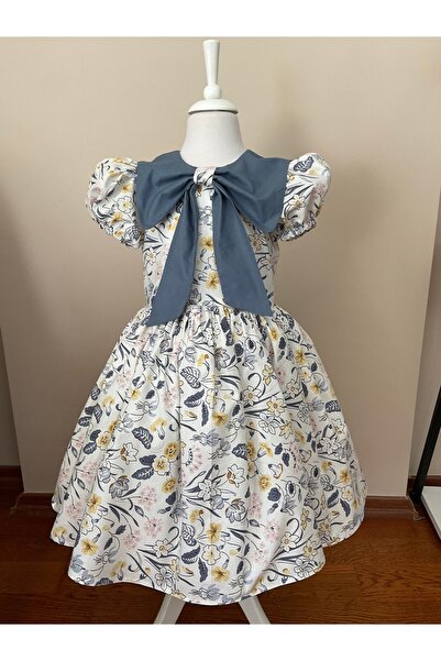 FİLİZ ŞANAL فستان عيد ميلاد عتيق مزين بالزهور باللون الأزرق للفتيات