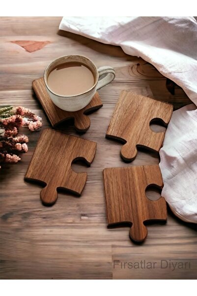 fırsatlar diyarı Puzzle Ahşap Bardak Altlığı Seti 4lü - 10x12 Cm