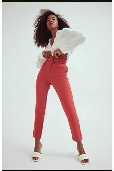 Sateen Yüksek Bel Kemerli Pantolon