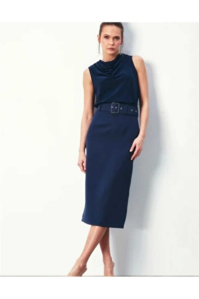 Sateen Kemerli Lacivert Kalem Etek