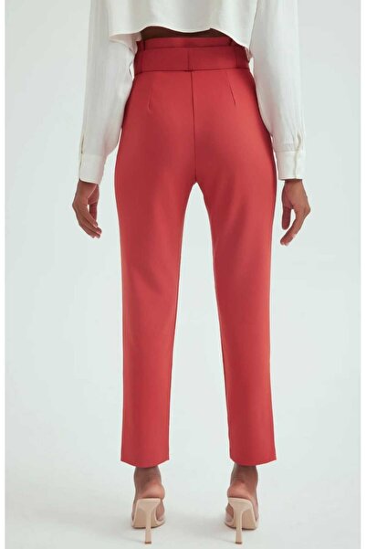 Sateen Yüksek Bel Kemerli Pantolon
