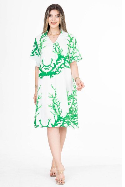 Eceyaman moda Battal Size Green Coral Patterned White Dress