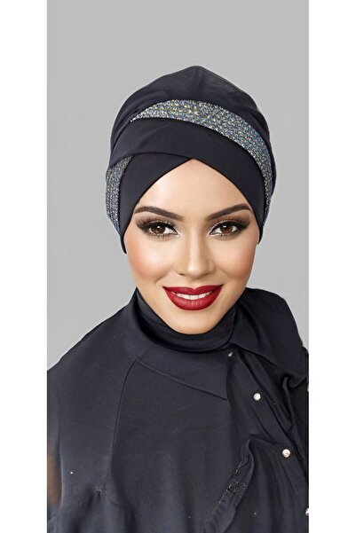 Polikromi Kadın Siyah Renk  Bant  Detay Hazır Türban Tesettür Bone Eşarp Şal