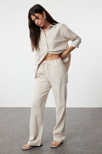 Trendyol Collection High Waist Beige Linen Striped Wide Leg Trousers - TWOAW25JE00013