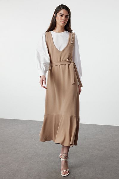Trendyol Modest Υφαντό Gilet Dress - Mink Stone Print, TCTSS24EB00287