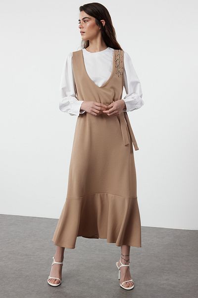 Trendyol Modest Υφαντό Gilet Dress - Mink Stone Print, TCTSS24EB00287