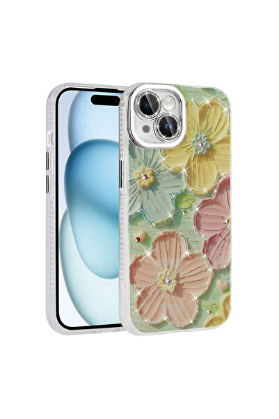 Bilişim Aksesuar iPhone 15 Uyumlu SAH Kılıf Çiçek Desenli Parlak Taşlı Sert S...