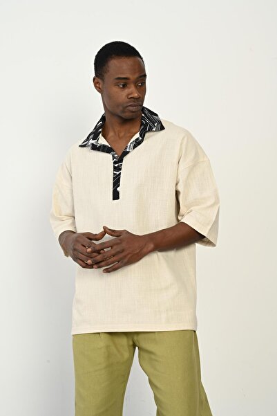 Rocqerx R-3953 Λεπτομερές λινό πουκάμισο με μισό γιακά Garni