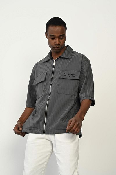 Rocqerx R-2437 Zippered Embroidery Detailed Short Sleeve Leather Shirt
