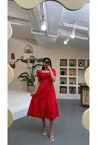 LİNEBUTİK Square Collar Belt Detailed Gimped Dress