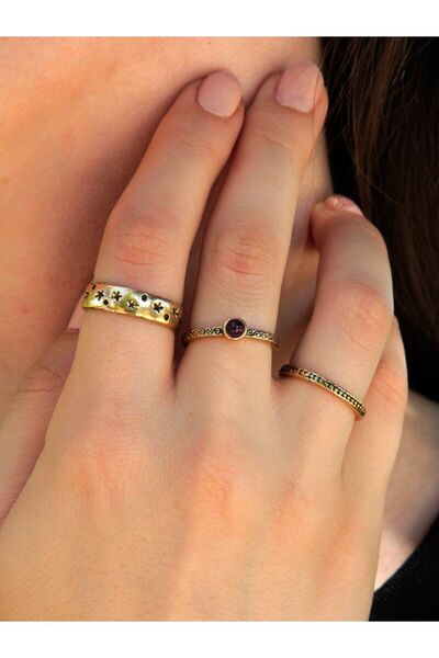 esha Doğal Taşlı 3'lü Garnet (Lal) Doğal Taşlı Yıldız Modelli Kadın Ayarlanabilir Yüzük Seti euy341