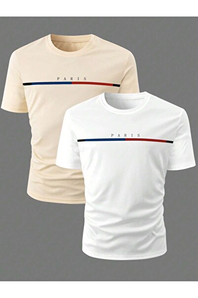 coolart Set de 2 tricouri oversize Paris cu dungi colorate bej și alb - Decol...