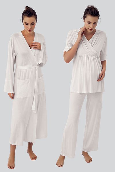 Artış Flexible Lycra Viscous Maternity Pajamas and Dressing Gown Set - Short Sleeve