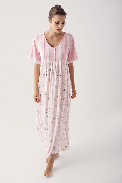 Artış Lycra Viscous Nightgown - Short Sleeve, Buttoned Pattern 14126