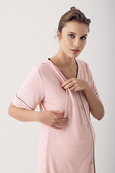 Artış Flexible Viscous Short Sleeve Maternity Pajamas Set - Buttoned 14209