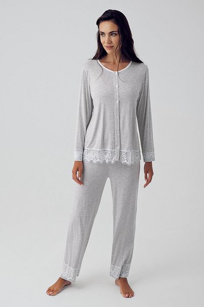 Artış Flexible Viscous Long Sleeve Pajamas and Dressing Gown Set - Buttoned and Lace