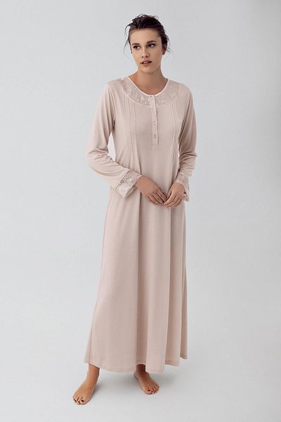 Artış Stretchy Viscous Long Sleeve Nightgown - Button and Lace