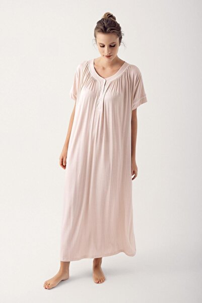 Artış Short Sleeve Striped Viscous Nightgown - Lycra, Buttoned 14115