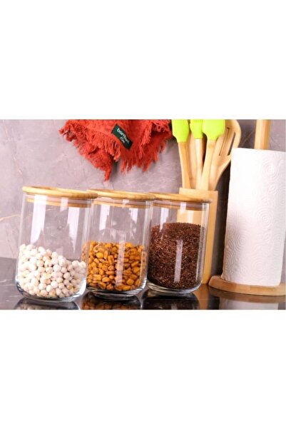 Atbyhome وعاء تخزين مزدوج 900 مل مكون من 3 قطع - وعاء توابل زجاجي بغطاء من الخيزران