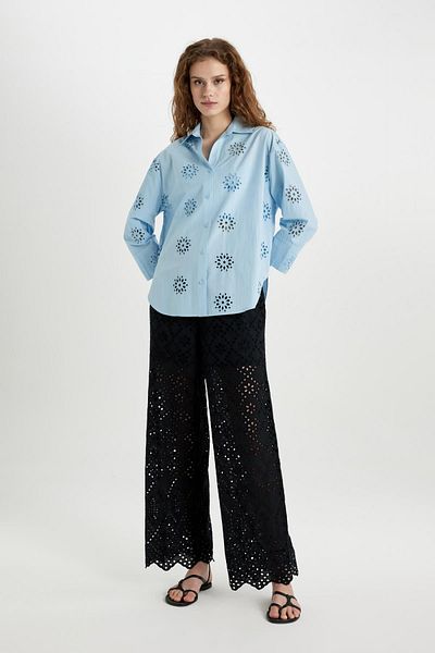 DeFacto Cămașă oversize cu mânecă lungă cu broderie largă B5419ax24sm