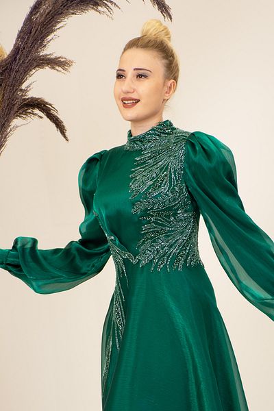 Surikka Rain Detailed - Draped Bead Embroidered Evening Dress