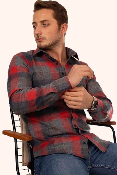 Etikmen Holzfällerhemd für Herren - Rot Grau, Slimfit, mit Geschenkbox
