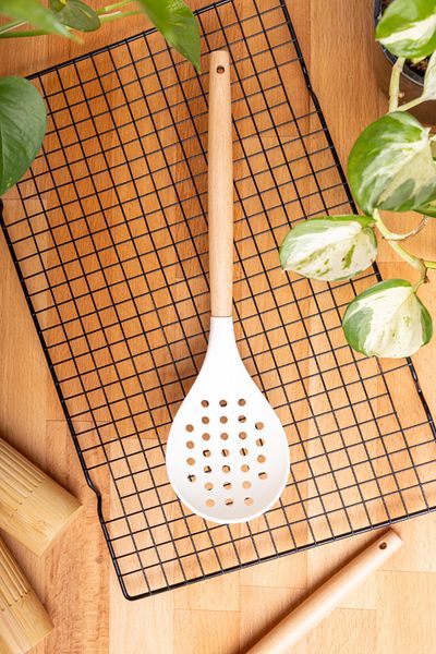 FH finehome White Silicone Colander - Pelia Bamboo Handle