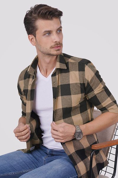 Etikmen Καφέ μαύρο σκακιέρα με σχέδιο Slimfit Ξυλοκόπος