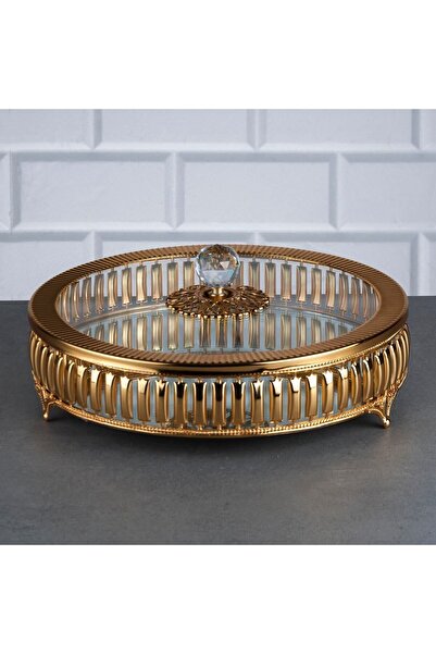 Hinora Hürrem Yuvarlak 25 Cm Şekerlik Kristal Taşlı Cam Kapaklı Metal Çikolat...