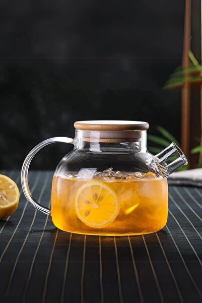 Maridet Bambu Kapaklı Isıya Dayanıklı Demlik Borosilikat Cam Sürahi Çelik Süz...