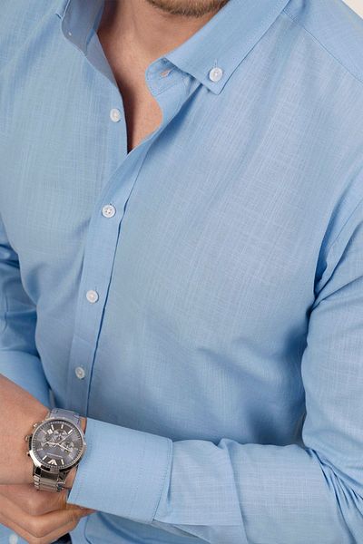 Etikmen Leinen Slimfit Herrenhemd - Blauer Kragen, geknöpft, Geschenkbox