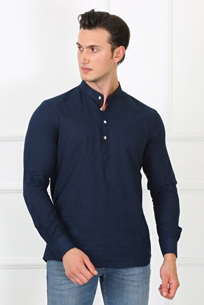 SAMSA Hakim Yaka Üç Düğmeli Slim fit Keten Erkek Gömlek
