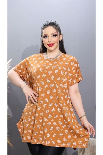 HÜLYA BUTİK Plus Size Brown Floral Patterned Slit Blouse