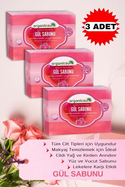 Organicsun Doğal Gül Sabunu 140 Gr x 3 Adet Tüm Cilt Tipleri İçin Onarıcı Bes...