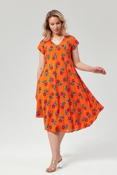 Seamoda Φόρεμα V-Neck Ethnic Print Viscon Comfort - Plus Size, Κοντό μανίκι, ΠΟΡΤΟΚΑΛΙ