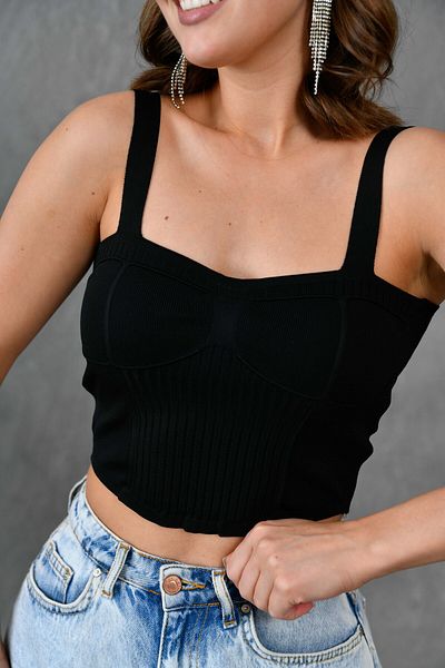 bayansepeti Στράπλες γιακάς Μαύρη Strechy Crop Μπλούζα - Basic Model 8802 με λουράκια
