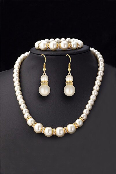 BİJUTERİ EVİ Incili Kadın Set Taşlı 3'lü Takım