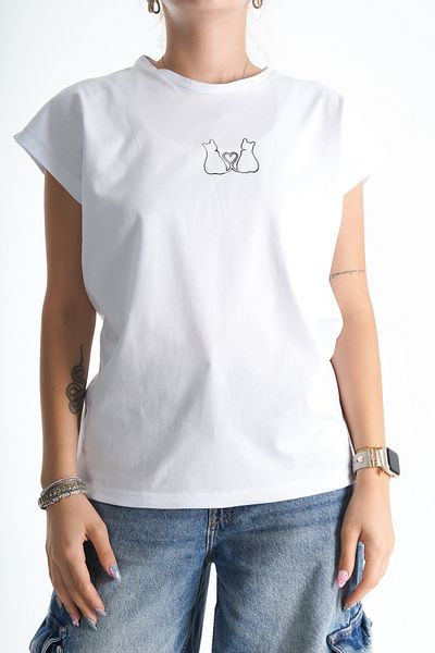 Moda Değirmeni Tricou supradimensionat alb cu imprimeu pisici pentru femei - fund elastic BG1192-314-0002