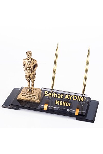Ofistike Atatürk Heykeli Biblolu Elit Kristal İsimlik Masa İsimliği Çift Kale...