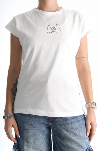 Moda Değirmeni Γυναικείο μπλουζάκι Cat Printed Cream Oversize - Ελαστικό κάτω μέρος BG1192-314-0002