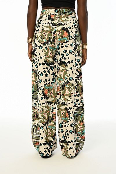 Orfeo Negro Leaf Patterned Women's Trousers - Comfortable Calip, Elastic Waist, Wide Leg