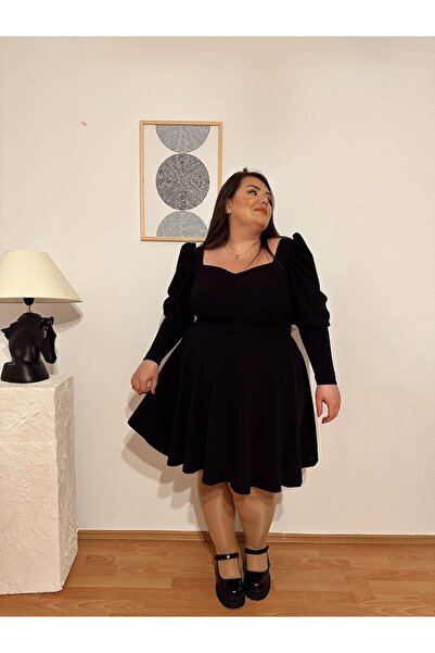 Kendinisevbutik Balon Kol Kalp Yaka Siyah Büyük Beden Elbise