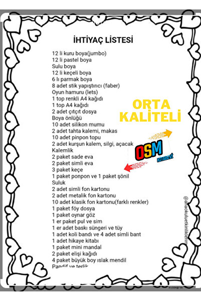 Komisyon Anasınıfı ihtiyaç listesi okul malzemeleri