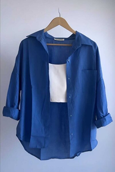 bb butik basic Oversize Keten Dokulu %100 Pamuk Tek Cepli Salaş Gömlek BB-KU3435