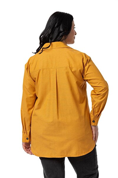 DISENTIS MODEST Plus Size Mustard Shirt - Snap Closure, Plate, Cuff and Pocket